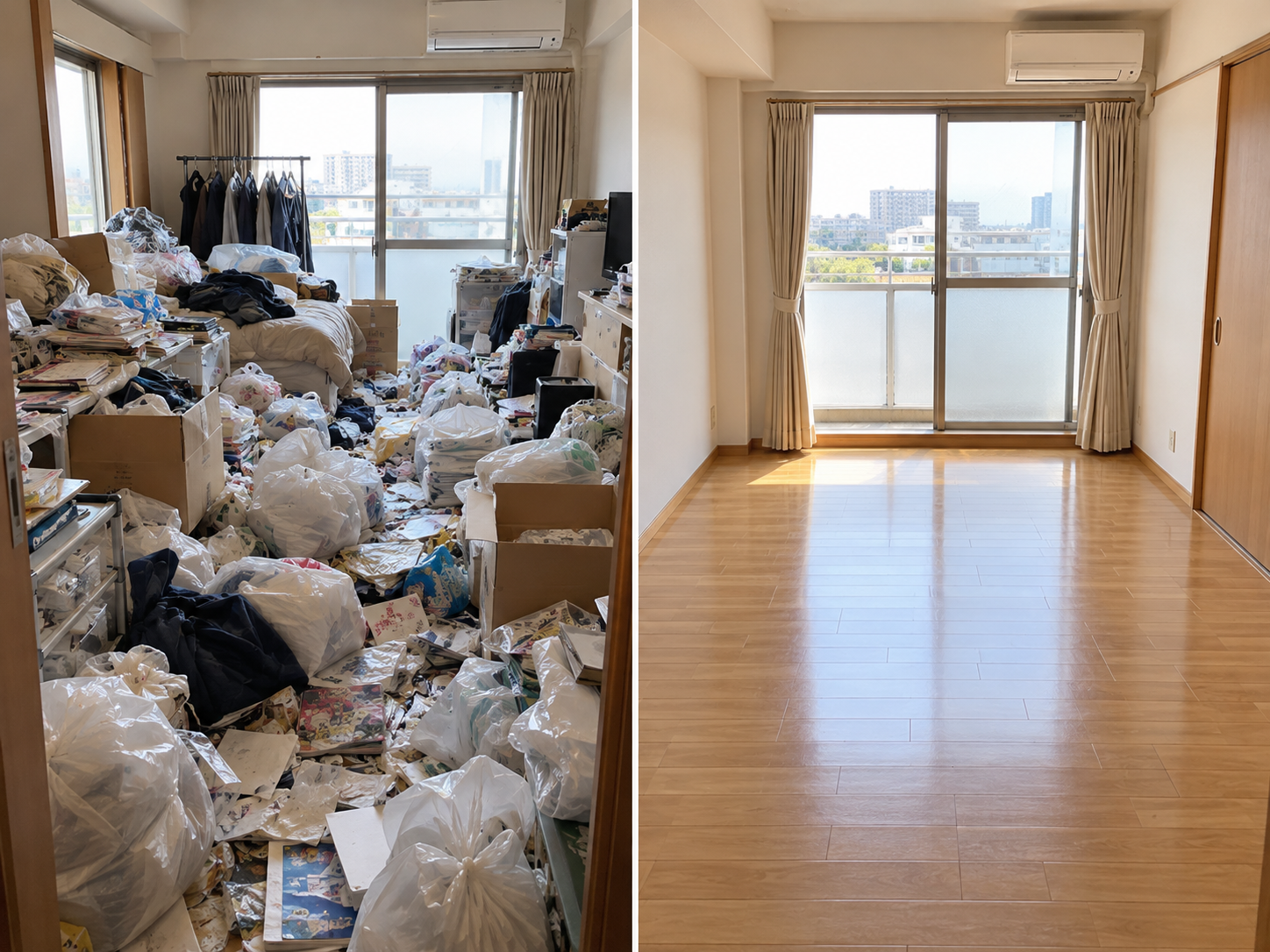 ゴミ屋敷清掃のビフォーアフター（床が見えるまで片付いた部屋）