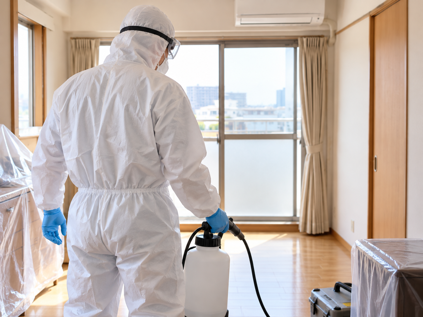 防護服を着た特殊清掃士の後ろ姿