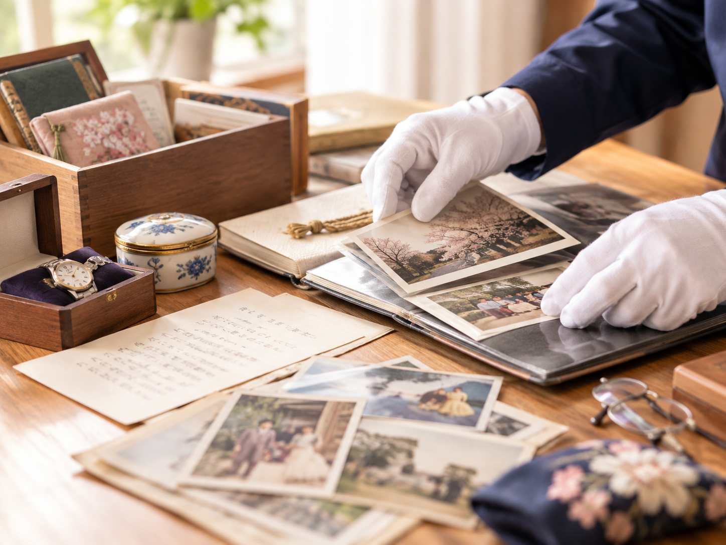 白手袋で思い出の品を丁寧に仕分けている手元