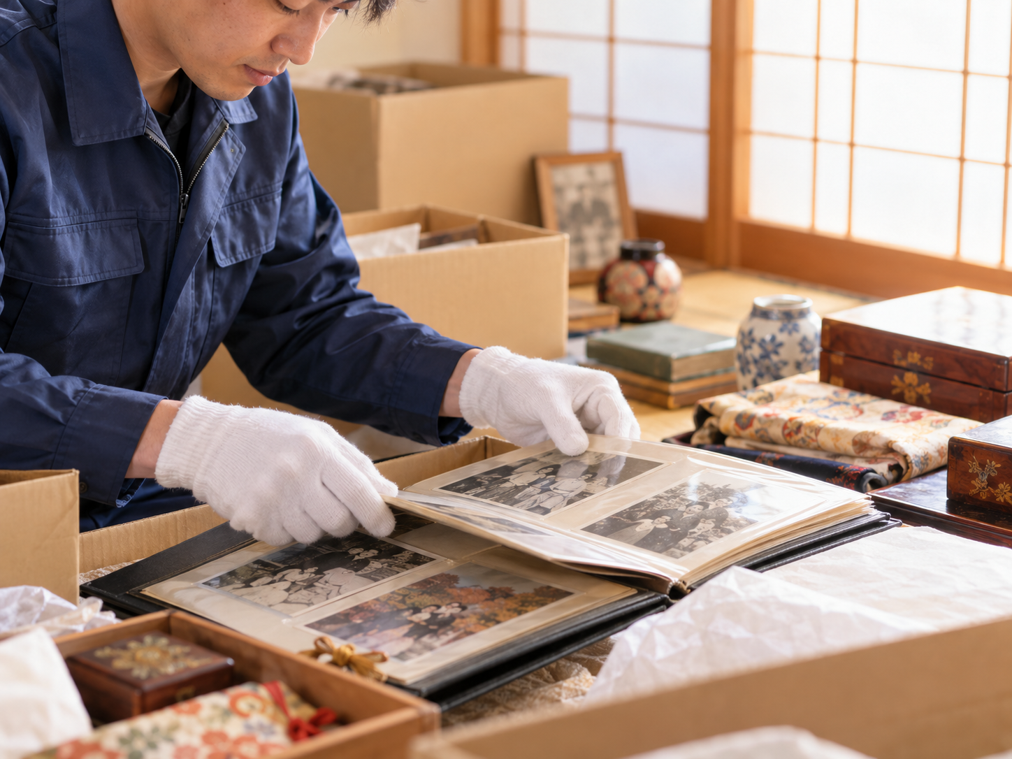 遺品整理士が白手袋で写真アルバムを仕分けている様子