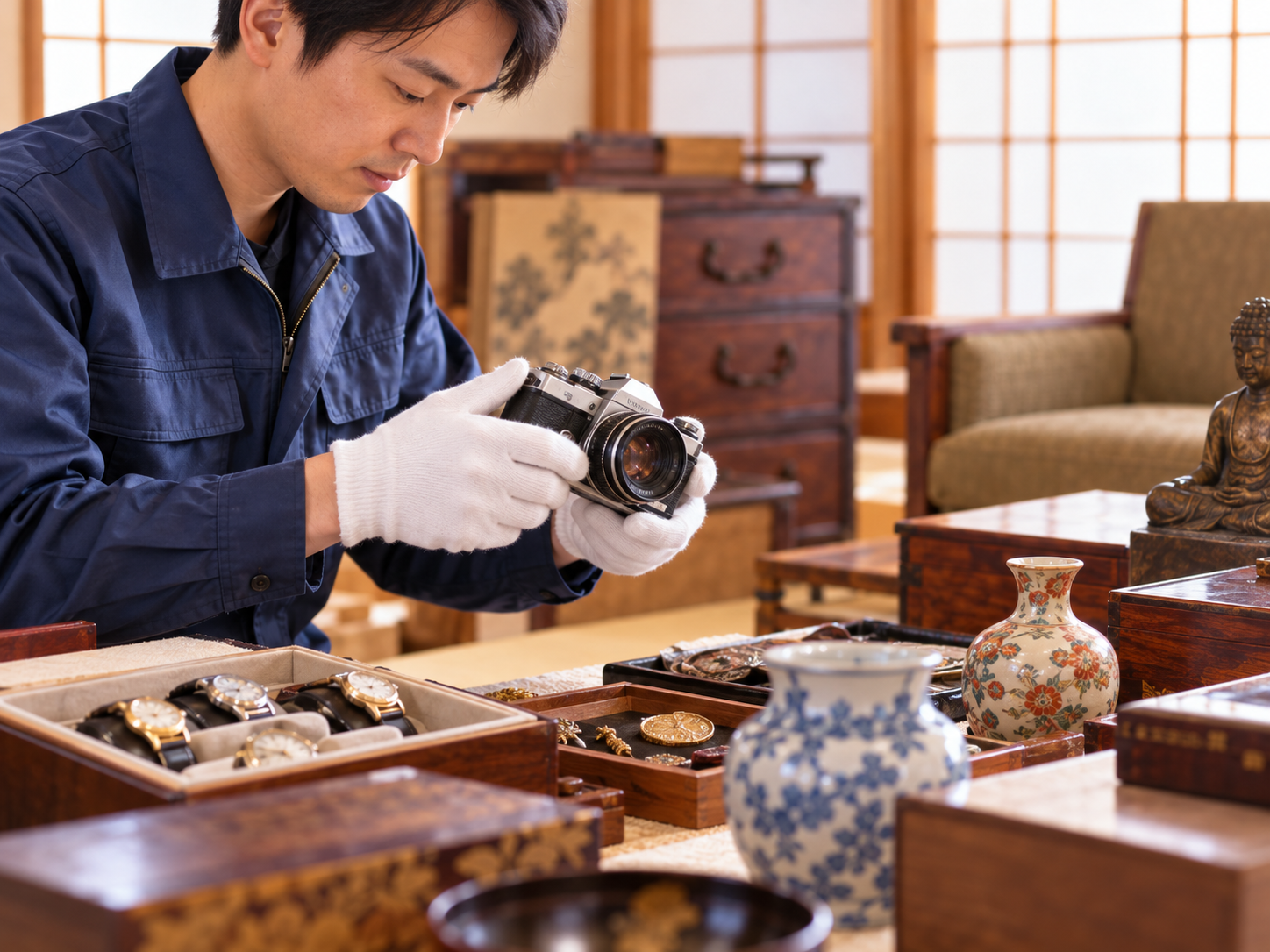 買取査定中の家具や趣味のコレクション品